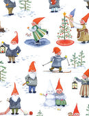 This delightful illustration from the "Card Pack: Gnome Notes" showcases gnomes dressed in warm winter outfits, skiing, decorating Christmas trees, and carrying lanterns. Set against a snowy landscape with trees, it beautifully captures a whimsical scene reminiscent of a fine watercolor painting.