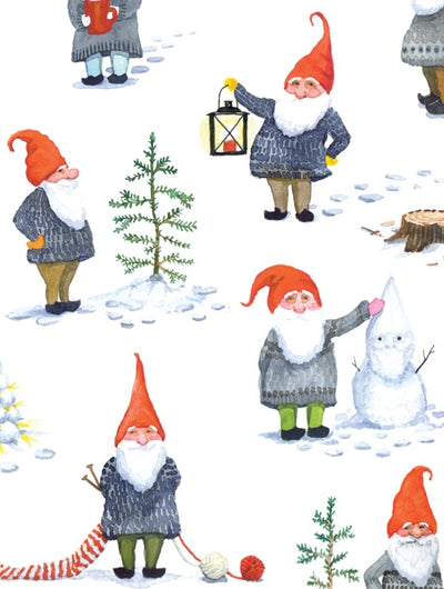 This delightful scene, captured in the "Card Pack: Gnome Notes," showcases gnomes in red hats crafted with expertise. They are joyfully depicted engaging in winter activities such as holding a lantern, building a snowman, and knitting. The enchanting setting is beautifully enhanced with delicate watercolor details on recycled paper, surrounded by snow and small trees.