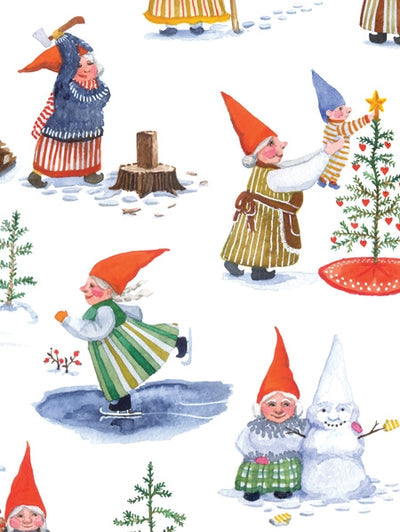 The Gnome Notes card pack by Kirsten Sevig features illustrations of charming gnomes partaking in winter activities such as tree trimming, skating, and snowman building on a snowy landscape with small trees. The scene is brought to life with vibrant artistry, reminiscent of being painted with a travel watercolor set, adding a whimsical touch to your notes.