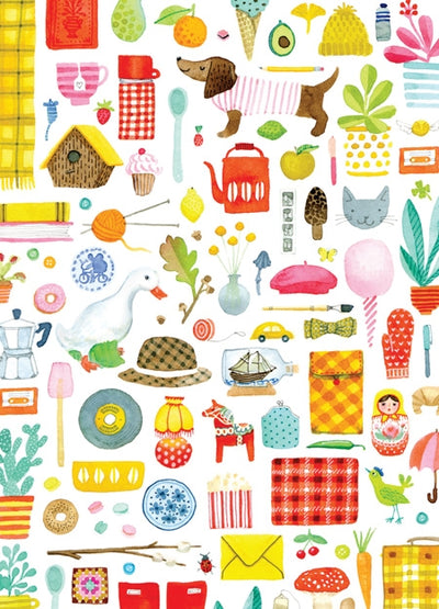 Card Pack: Hygge Notecards by Kirsten Sevig features colorful illustrated dogs, plants, kitchenware, and more in a scattered pattern on white; includes 8 cards (4 designs) with envelopes. Blank inside and made with recycled paper.