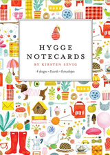 The Card Pack: Hygge Notecards by Kirsten Sevig includes 8 blank cards (4 designs) and 8 envelopes, featuring cozy illustrations on recycled paper for an eco-friendly touch.