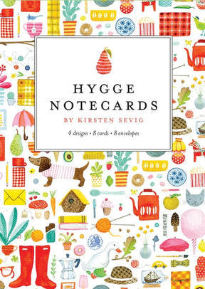The Card Pack: Hygge Notecards by Kirsten Sevig includes 8 blank cards (4 designs) and 8 envelopes, featuring cozy illustrations on recycled paper for an eco-friendly touch.