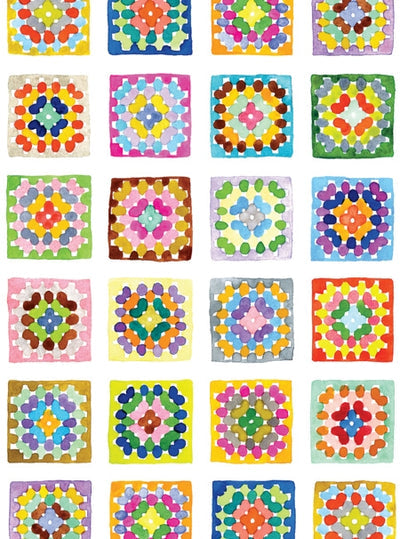 A grid of vibrant, square crocheted granny motifs decorates the Card Pack: Hygge Notecards by Kirsten Sevig—8 cards (4 designs), 8 envelopes, blank inside—ideal for creative notes on recycled paper.
