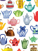 Rows of colorful teapots in various shapes and patterns are displayed on a white background, evoking the charming illustrations found in the Card Pack: Hygge Notecards by Kirsten Sevig (8 cards, 4 designs, blank inside).