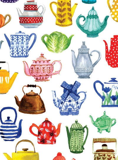 A vibrant array of teapots featuring stripes, florals, and solid designs on a white background reflects the cozy essence of Hygge Notecards by Kirsten Sevig.