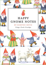 Cheerful gnomes in bright outfits adorn the illustrated cover, with "Card Pack: Happy Gnome Notes" centered in a white box—perfect for spreading joy with eco-friendly, recycled paper cards.