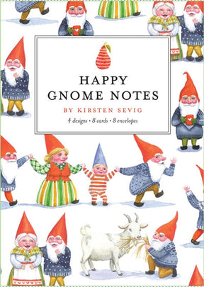 Cheerful gnomes in bright outfits adorn the illustrated cover, with "Card Pack: Happy Gnome Notes" centered in a white box—perfect for spreading joy with eco-friendly, recycled paper cards.