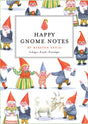 Cheerful gnomes in bright outfits adorn the illustrated cover, with "Card Pack: Happy Gnome Notes" centered in a white box—perfect for spreading joy with eco-friendly, recycled paper cards.