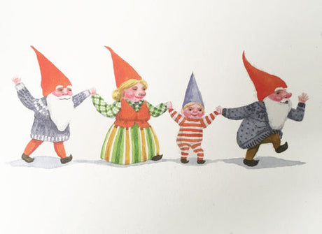 Four gnomes—one child in striped pajamas and three adults in colorful hats—hold hands and walk together, creating a whimsical scene on the Card Pack: Happy Gnome Notes illustrated note cards.