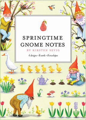 The Card Pack: Springtime Gnome Notes by Kirsten Sevig features illustrated covers of gnomes, ducks, tulips, and garden tools. Contains 8 recycled cards (blank inside) with 4 designs and 8 envelopes.
