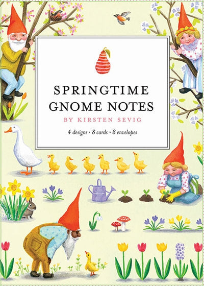 The illustrated cover of the Card Pack: Springtime Gnome Notes, made with recycled paper, showcases gnomes, flowers, ducks, and a watering can. This set includes 4 unique designs with 8 cards and 8 envelopes.