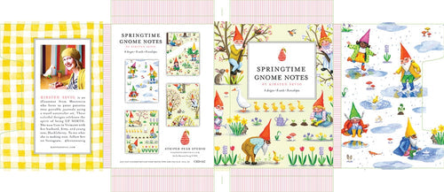 A vibrant brochure highlights the Card Pack: Springtime Gnome Notes, adorned with whimsical gnome designs created by a skilled illustrator. The notes feature charming ducks and flowers set against a checkered backdrop and are printed on recycled paper, making them an ideal choice for environmentally-conscious stationery enthusiasts.