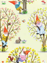 Three gnomes in red hats climb blossoming trees, joined by a rabbit, bird, and squirrel among spring flowers in Kirsten Sevig’s Springtime Gnome Notes Card Pack—8 cards with 4 designs, blank inside, on recycled paper.