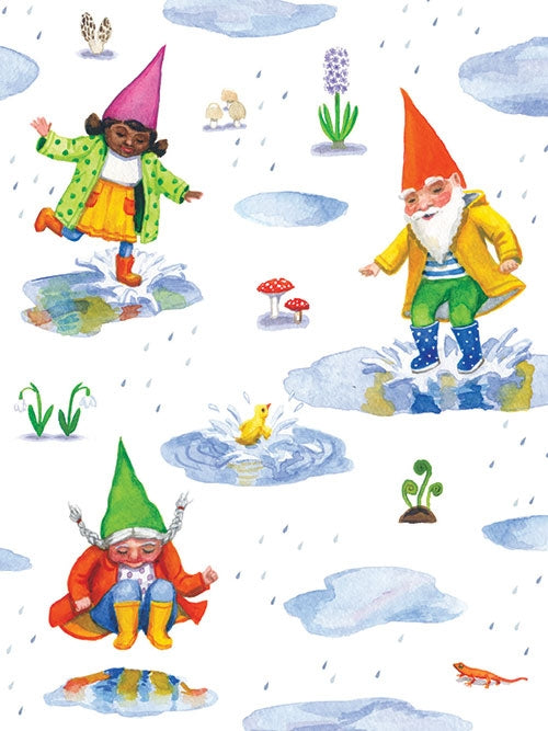 The "Card Pack: Springtime Gnome Notes" features illustrations of gnomes in colorful outfits joyfully splashing in puddles, surrounded by rain, plants, mushrooms, and a fish. Created with a watercolor set on recycled paper, this whimsical scene captures the vibrant charm and playful spirit of nature's little adventurers.