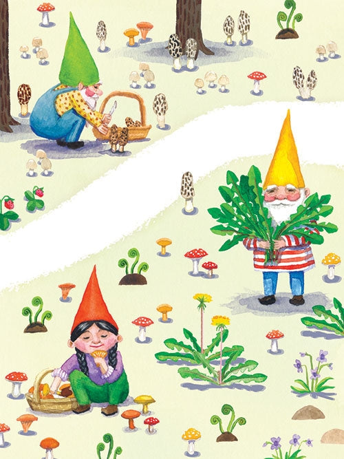 Three gnomes gather mushrooms and plants in a forest on the Card Pack: Springtime Gnome Notes by Kirsten Sevig—8 cards with 4 whimsical designs, all printed on recycled paper. Includes 8 envelopes; blank inside for your message.