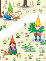Three gnomes gather mushrooms and plants in a forest on the Card Pack: Springtime Gnome Notes by Kirsten Sevig—8 cards with 4 whimsical designs, all printed on recycled paper. Includes 8 envelopes; blank inside for your message.