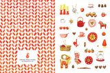 The left section of the Red Hygge Notecards showcases a red leaf pattern on recycled paper, while the right side features festive illustrations such as teapots, cookies, candles, and a basket. These charming designs perfectly reflect the creativity of an illustrator from Minnesota.