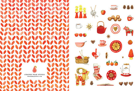 The left section of the Red Hygge Notecards showcases a red leaf pattern on recycled paper, while the right side features festive illustrations such as teapots, cookies, candles, and a basket. These charming designs perfectly reflect the creativity of an illustrator from Minnesota.