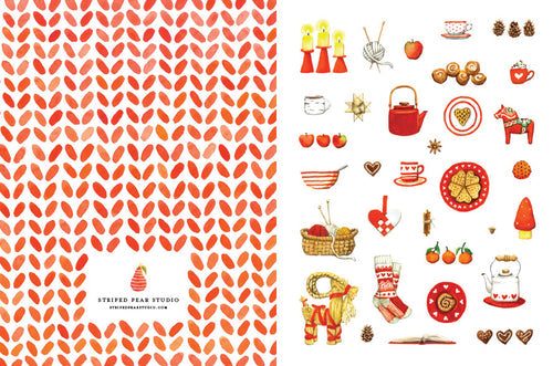 The left section of the Red Hygge Notecards showcases a red leaf pattern on recycled paper, while the right side features festive illustrations such as teapots, cookies, candles, and a basket. These charming designs perfectly reflect the creativity of an illustrator from Minnesota.