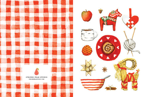 Left panel exhibits a red and white checkered motif. On the right, you'll find enchanting artwork showcasing a horse, heart, apple, mug, cinnamon roll, strawberry, knitting supplies, bowl, straw goat, and star—all illustrated by an expert from Minnesota using a travel watercolor set on recycled paper. This is featured in the Card Pack: Red Hygge Notecards.