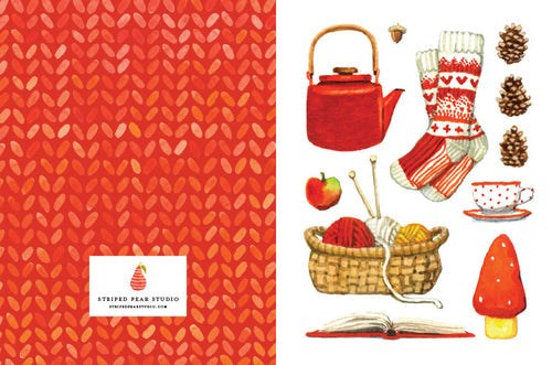 Introducing the "Card Pack: Red Hygge Notecards"—each card showcases an illustration by a talented Minnesota illustrator, featuring a red teapot, knitted socks, pinecones, an apple, yarn in a basket, an open book, a mushroom, and a cup with saucer on a patterned red background. Crafted on recycled paper for an eco-friendly touch.