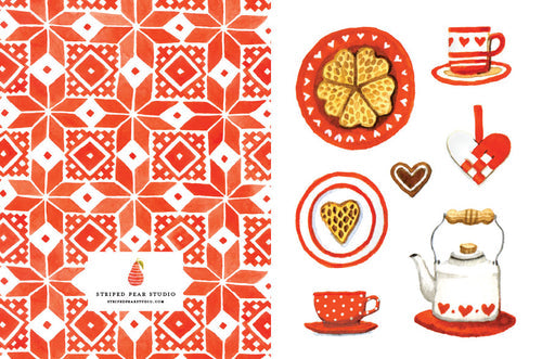 The Card Pack: Red Hygge Notecards showcase a watercolor style with red and white geometric patterns on the left, complemented by teapots, cups, waffles, and heart shapes on the right. Crafted by a talented illustrator from Minnesota using a travel watercolor set, this artwork is printed on recycled paper for an eco-friendly touch.