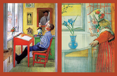 Left: A boy in a striped shirt sits at a desk by the window, gazing outside. Right: A woman in traditional attire stands by another window, looking out. This tranquil scene captures the essence of Carl Larsson Gift Cards, where each image tells its own story.