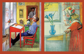 Left: A boy in a striped shirt sits at a desk by the window, gazing outside. Right: A woman in traditional attire stands by another window, looking out. This tranquil scene captures the essence of Carl Larsson Gift Cards, where each image tells its own story.