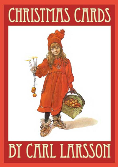 An illustration features a child in a red outfit, holding three candles and a basket of apples. The text reads, "Cards: Carl Larsson Christmas," highlighting festive holiday images ideal for a Christmas card collection.