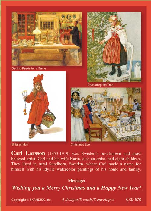 The Card Pack: Carl Larsson Christmas Cards includes 8 cards (4 festive watercolor designs of children and holiday scenes), each with a brief artist bio and a Christmas/New Year greeting at the bottom. Envelopes included.