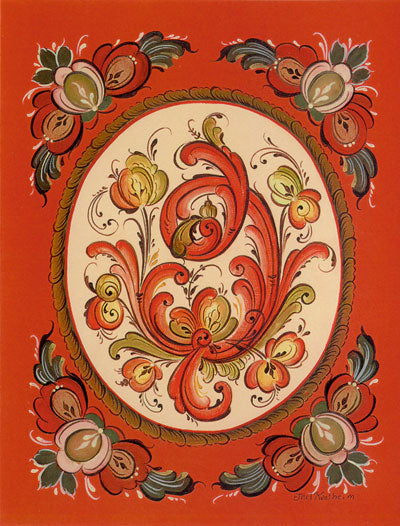 The Rosemaling Notecards by Ethel Kvalheim feature ornate Norwegian floral designs in red, orange, and green on a red background. This boxed set includes 8 blank cards with 8 matching envelopes in 8 unique designs.