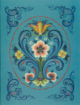 Set of 8 Rosemaling Notecards by Ethel Kvalheim, each with a blue background and symmetrical Norwegian floral designs in red, yellow, green, and blue; includes 8 cards, 8 envelopes, blank inside.