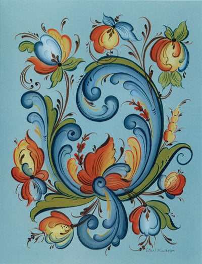 Featuring symmetrical floral patterns in blue, red, orange, and green on light blue, inspired by Norwegian rosemaling in the style of Ethel Kvalheim. Perfect for Cards: Rosemaling Notecards by Ethel Kvalheim—8 designs, 8 cards, 8 envelopes.