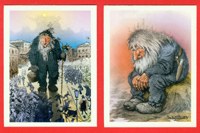 The Cards: Theodor Kittelsen Troll Cards feature two captivating illustrations that beautifully capture a large, furry creature. One card portrays it standing amidst an urban crowd, while the other shows it sitting alone on a rock in nature. These scenes wonderfully evoke the fairy-tale world of trolls in both city and natural environments, reminiscent of Theodor Kittelsen's enchanting drawings.