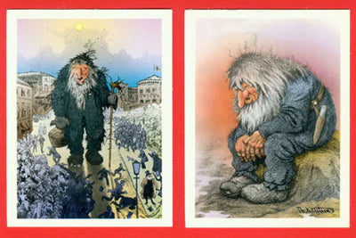 Two illustrations by Theodor Kittelsen—a troll walking in a crowd and another sitting sadly on a rock—adorn the Card Pack: Troll Gift Enclosure Cards, adding a whimsical touch to any gift.