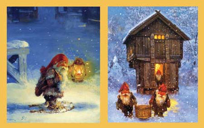 Two winter scenes inspired by Norwegian folklore are featured on the "Gift Cards: Nisse by Svein Solem." On the left, a gnome reminiscent of Svein Solem's art holds a lantern in the snow, while on the right, two Tomten prepare Christmas gifts with a basket in front of a wooden hut.