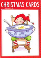 Send holiday cheer with the "Card Pack: Christmas Cards by Kirsten Sevig"—8 cards featuring an elf in a red hat and striped socks holding mashed potatoes. Comes boxed with envelopes, perfect for whimsical Christmas greetings.