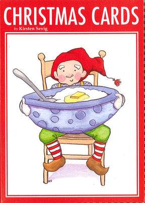 Send holiday cheer with the "Card Pack: Christmas Cards by Kirsten Sevig"—8 cards featuring an elf in a red hat and striped socks holding mashed potatoes. Comes boxed with envelopes, perfect for whimsical Christmas greetings.