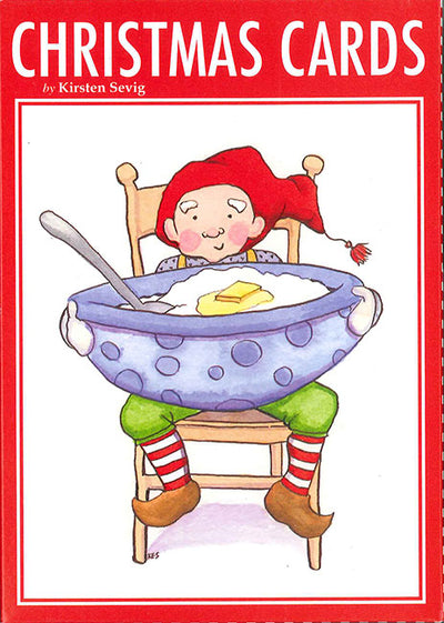 Send holiday cheer with the "Card Pack: Christmas Cards by Kirsten Sevig"—8 cards featuring an elf in a red hat and striped socks holding mashed potatoes. Comes boxed with envelopes, perfect for whimsical Christmas greetings.