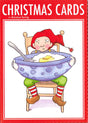 Send holiday cheer with the "Card Pack: Christmas Cards by Kirsten Sevig"—8 cards featuring an elf in a red hat and striped socks holding mashed potatoes. Comes boxed with envelopes, perfect for whimsical Christmas greetings.