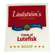 The Swedish Gift Store's "Dishcloth: Cream of Lutefisk Soup Swedish Dishcloth" features a playful Campbell’s-inspired soup can label in red, blue, and gold on white—great for any reusable kitchen cloth or Swedish gift.
