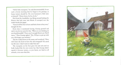 In two illustrated pages from "Midsummer Tomte & the Little Rabbits," a tomte is seen conversing with a bumblebee in a garden near a red cottage. The scene is set amidst flowers and grass, with little rabbits frolicking nearby, captivated by the vibrant blooms under the gentle glow of the midsummer sun.