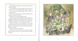 A spread from Midsummer Tomte & the Little Rabbits by Ulf Stark & Eva Eriksson shows the Little Rabbits around a table with leafy greens as text narrates their cheerful Midsummer conversation.