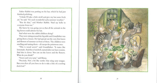 An illustration from "Midsummer Tomte & the Little Rabbits" depicts little rabbits gathered around a dining table with text on the left page. A tomte-like rabbit wearing a hat stands nearby, while the room is festively adorned with greenery, capturing the essence of a midsummer celebration.