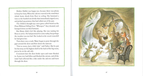 An illustration of animals in a room as water floods in, accompanied by text on the left page describing a scene from "Midsummer Tomte & the Little Rabbits," which details the experience of a little rabbit family facing rising floodwaters during Midsummer.