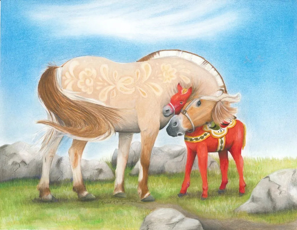 A beige horse with decorative patterns stands next to a small, bright red pony reminiscent of a Dala Horse in a grassy field with rocks beneath a blue sky, capturing the charm of Scandinavian art on the card: Rachael Koppendrayer Cuddle Closer Card.