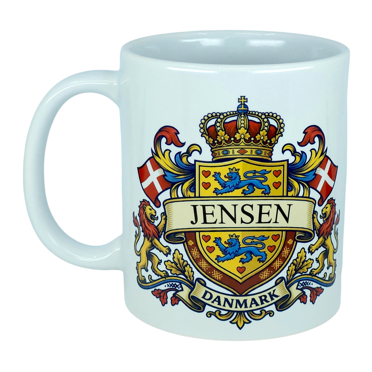 Enjoy your favorite beverages in the Mug: Denmark Coat of Arms Custom Name Ceramic Mug (11 oz Capacity) from Nordic Wholesale. This white ceramic mug showcases a vibrant Danish coat of arms design featuring lions, flags, a crown, and bold "Jensen" and "Danmark" lettering—perfectly blending tradition and style for any Danish heritage enthusiast.