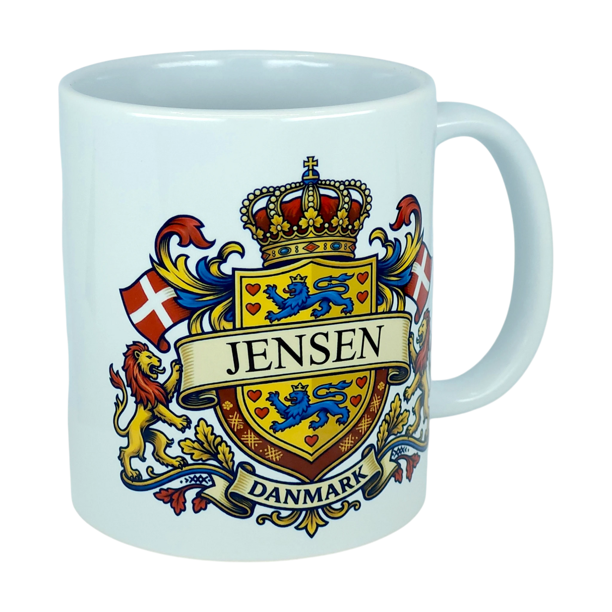 Celebrate your Danish heritage with the Mug: Denmark Coat of Arms Custom Name Ceramic Mug (11 oz Capacity) by Nordic Wholesale. This white ceramic mug showcases a vibrant heraldic crest featuring a crown, lions, and flags, with your custom name displayed in the center and "Danmark" on a banner below—making it a striking personalized tribute to your roots.