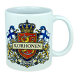 Introducing the Mug: Finland Coat of Arms Custom Name Ceramic Mug (11 oz Capacity) by Nordic Wholesale—a white ceramic mug featuring a vibrant coat of arms design with a lion, two Finnish flags, a crown, and your custom name (such as "Korhonen") emblazoned across the crest. The word "Suomi" is displayed below the emblem, making this Finnish-themed mug an ideal heritage gift or personalized family name keepsake for anyone proud of their Finnish roots.