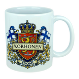 Introducing the Mug: Finland Coat of Arms Custom Name Ceramic Mug (11 oz Capacity) by Nordic Wholesale—a white ceramic mug featuring a vibrant coat of arms design with a lion, two Finnish flags, a crown, and your custom name (such as "Korhonen") emblazoned across the crest. The word "Suomi" is displayed below the emblem, making this Finnish-themed mug an ideal heritage gift or personalized family name keepsake for anyone proud of their Finnish roots.
